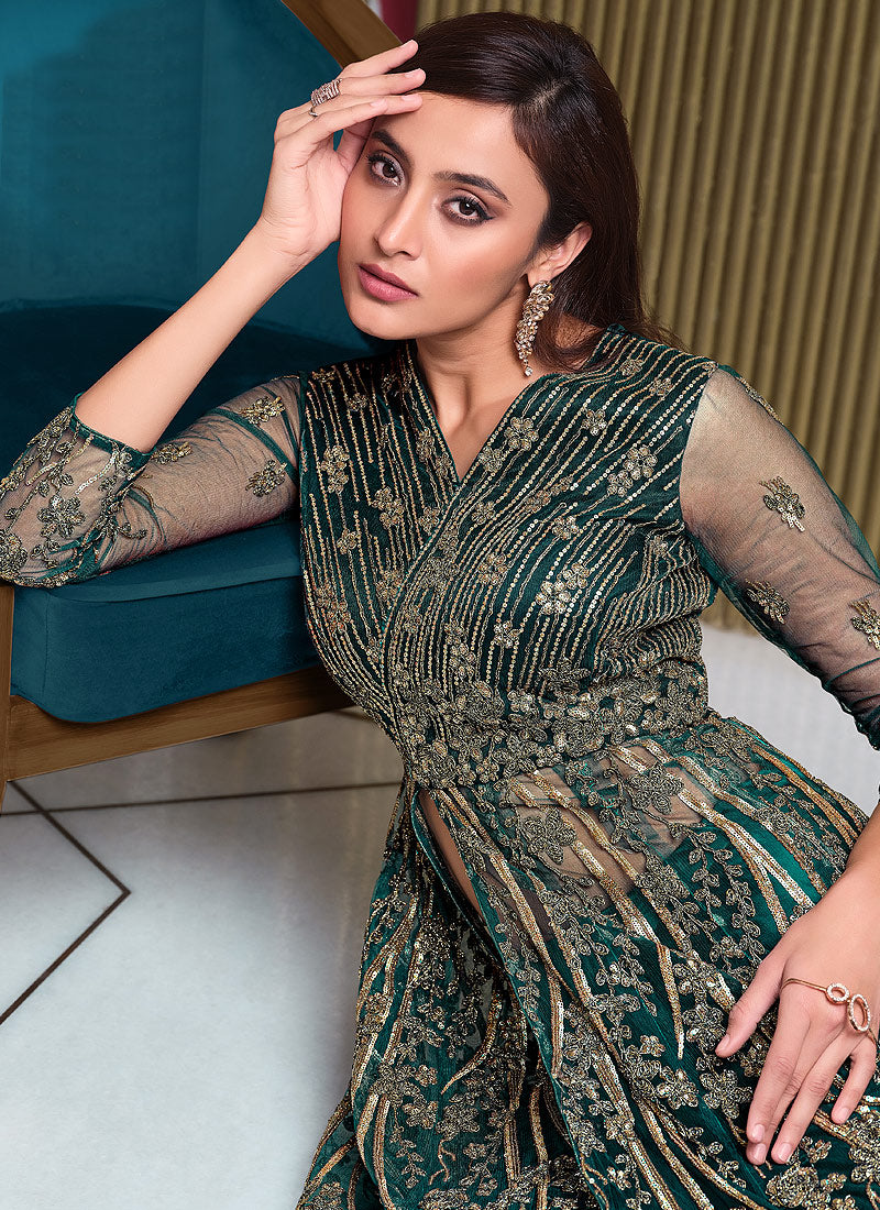 Green Embroidered Anarkali Pants/Lehenga Suit In usa uk canada