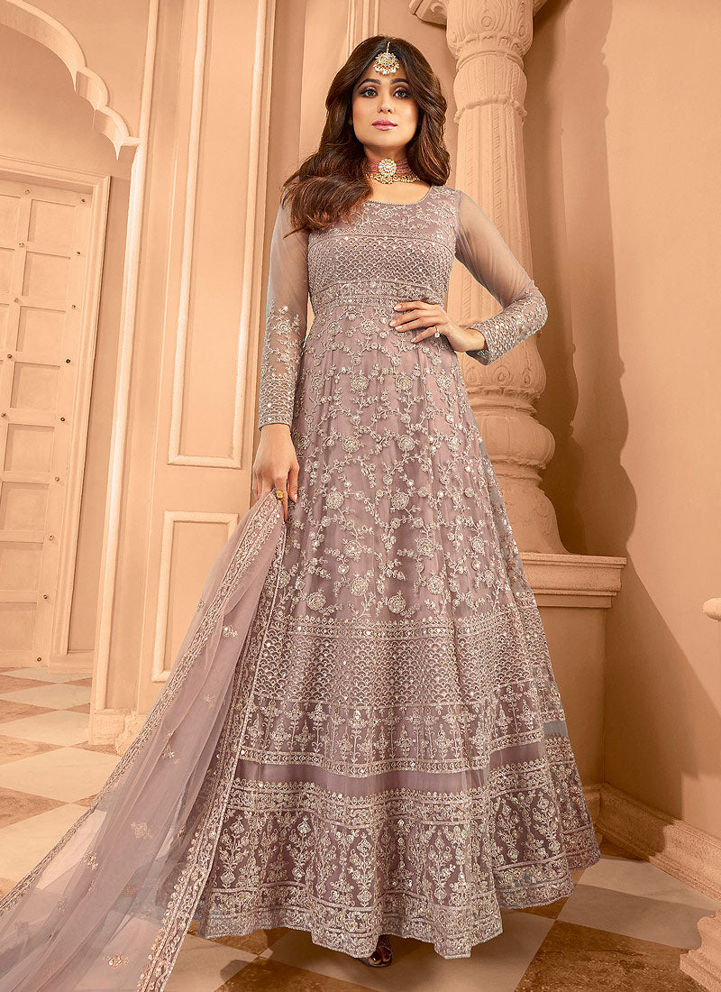 Mauve Multi Embroidered Anarkali Gown unstitched Mauve Multi Embroidered Anarkali Gown unstitched