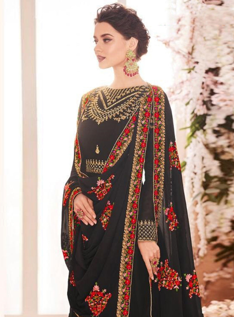Black Golden Multi Embroidered Flared Anarkali Suit