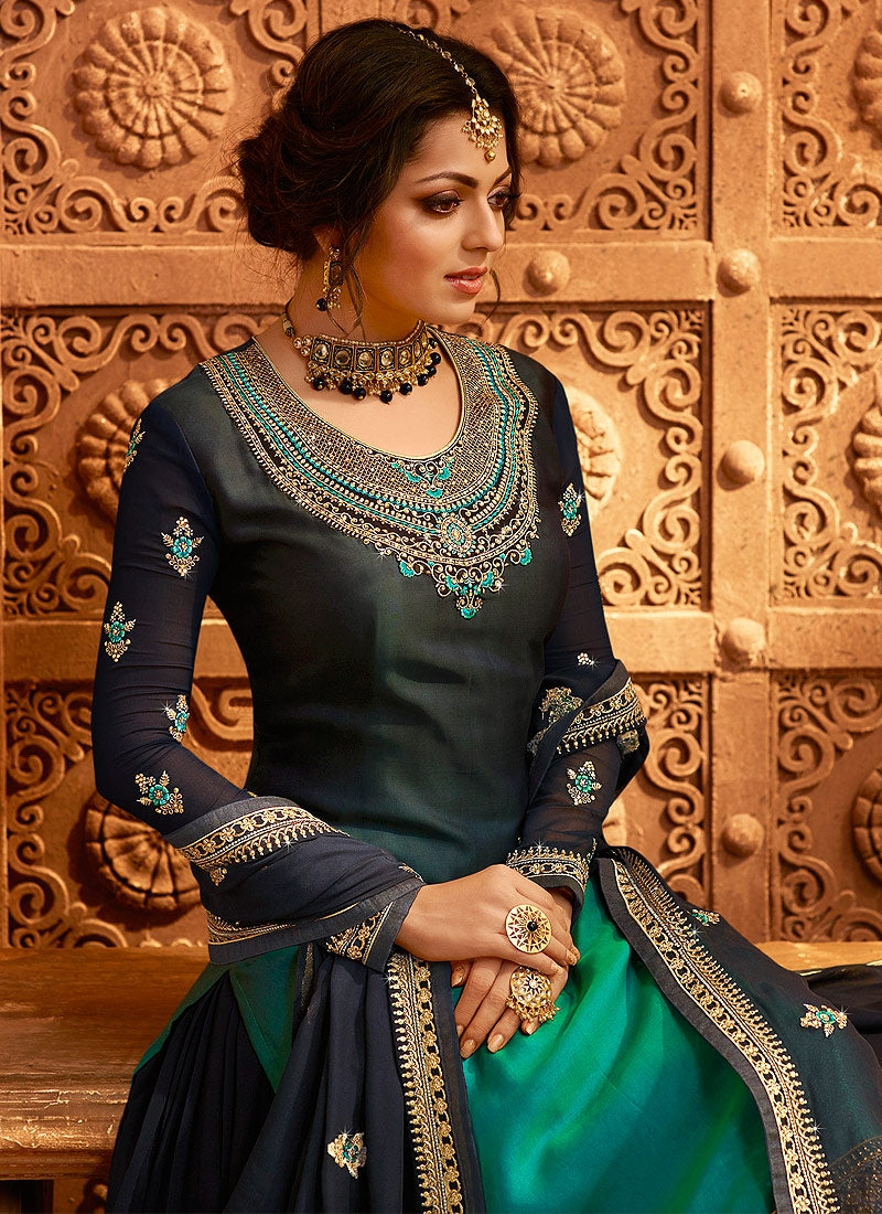 Blue And Turquoise Dual Bottom Lehenga/Pant Kurti Set