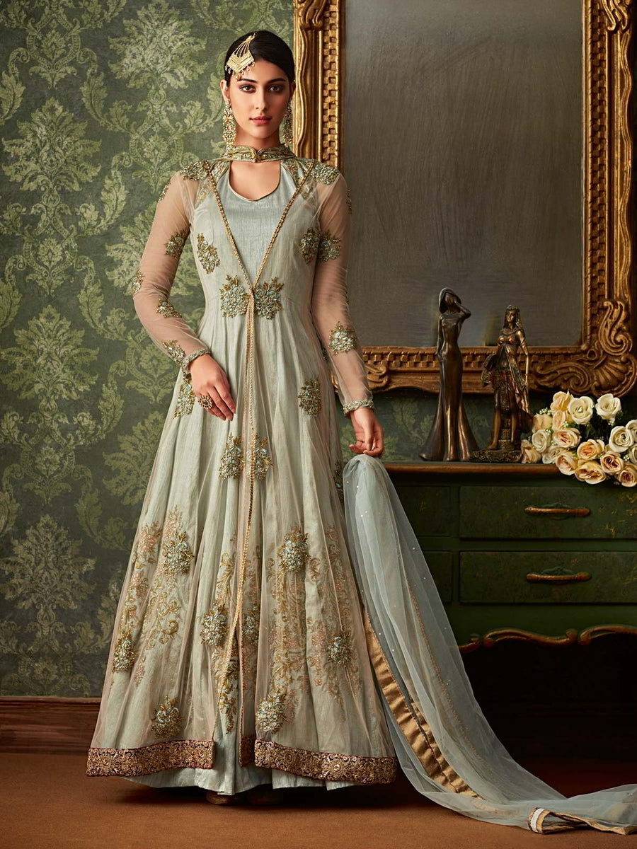 Buy Indian Bluish Grey Embroidered Overcoat Anarkali Gown Suit for Women Online in USA UK Canada Australia Germany New Zealand and Worldwide at Best Price