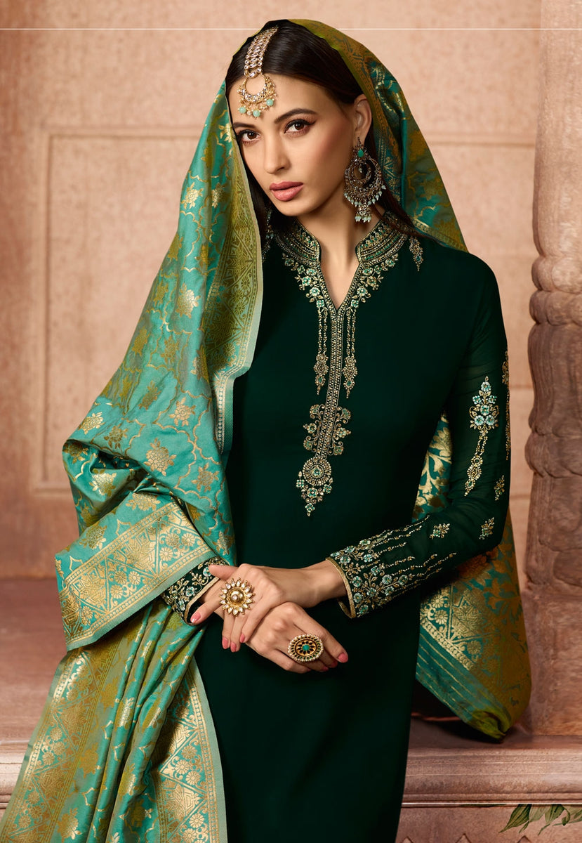 Dark Green Dual Tone Embroidered Satin Churidar Suit Hatkay