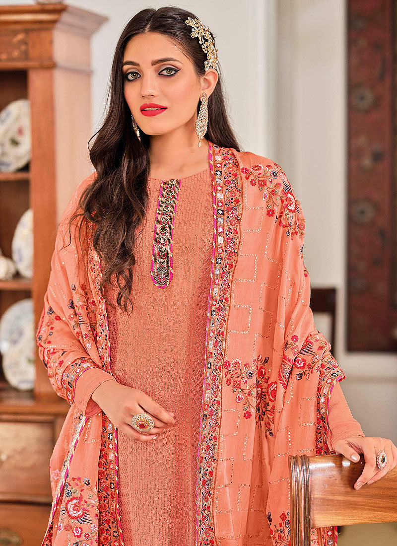 Peach Multi Embroidered Traditional Palazzo Suit In CANADA