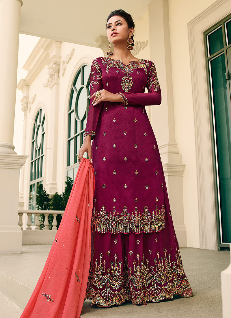 Maroon Gharara Style Suit