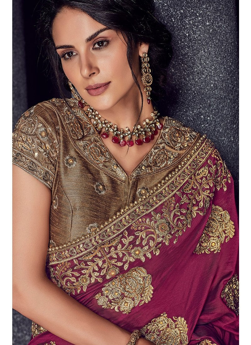 Golden And Plum Zari Embroidered Designer Saree
