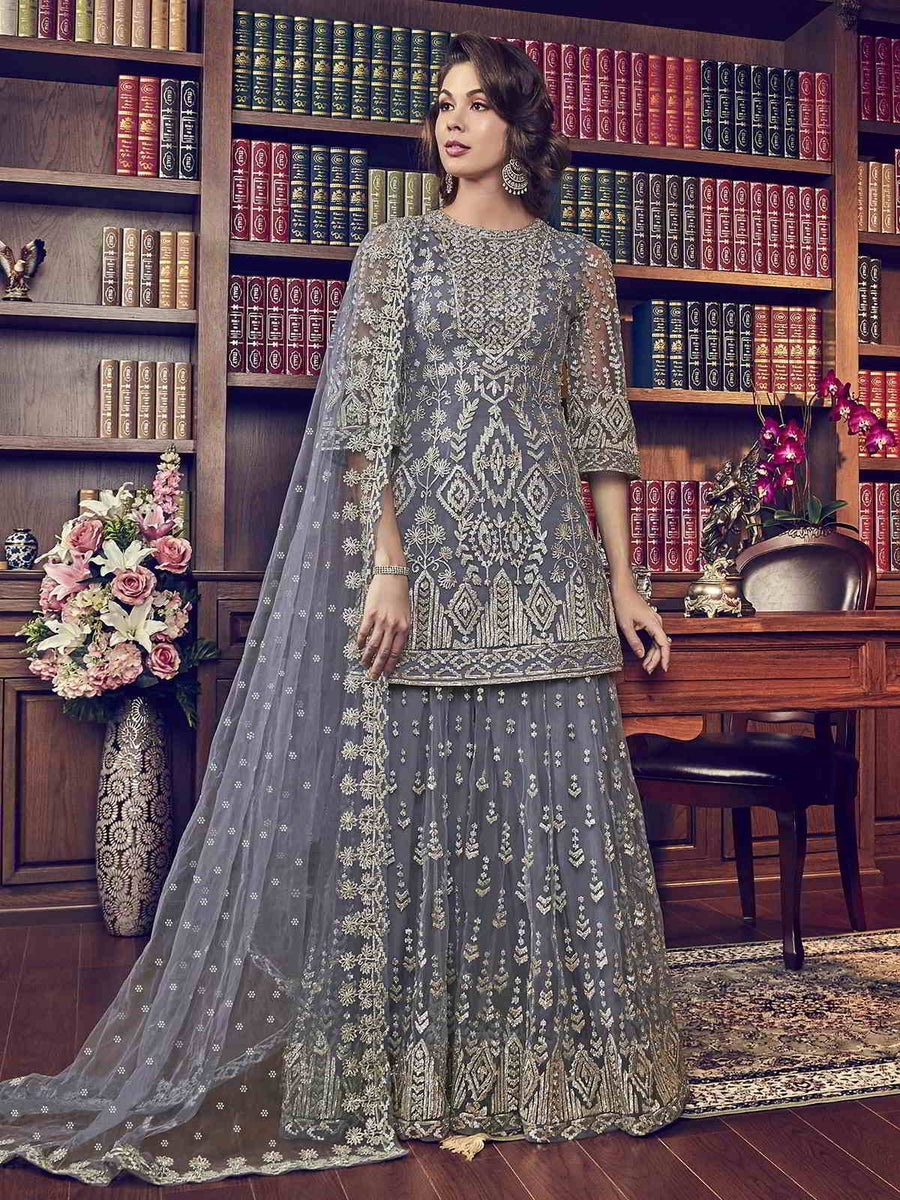Grey Designer Embroidered Pakistani Gharara Suit Hatkay