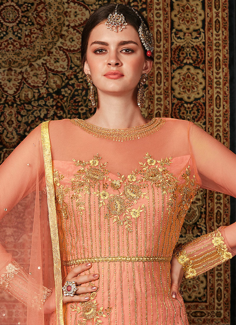 Pastel Orange Embroidered Pakistani Pants Suit, Salwar Kameez