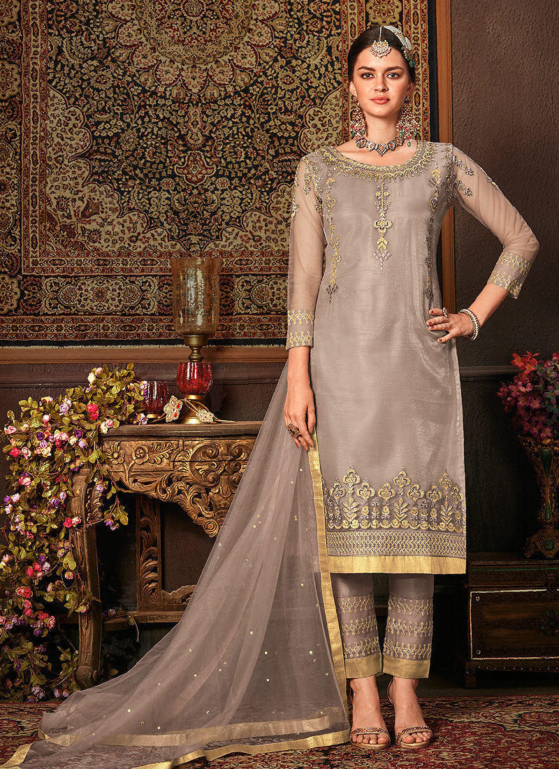 Indian Clothes - Grey Embroidered Pakistani Pants Suit
