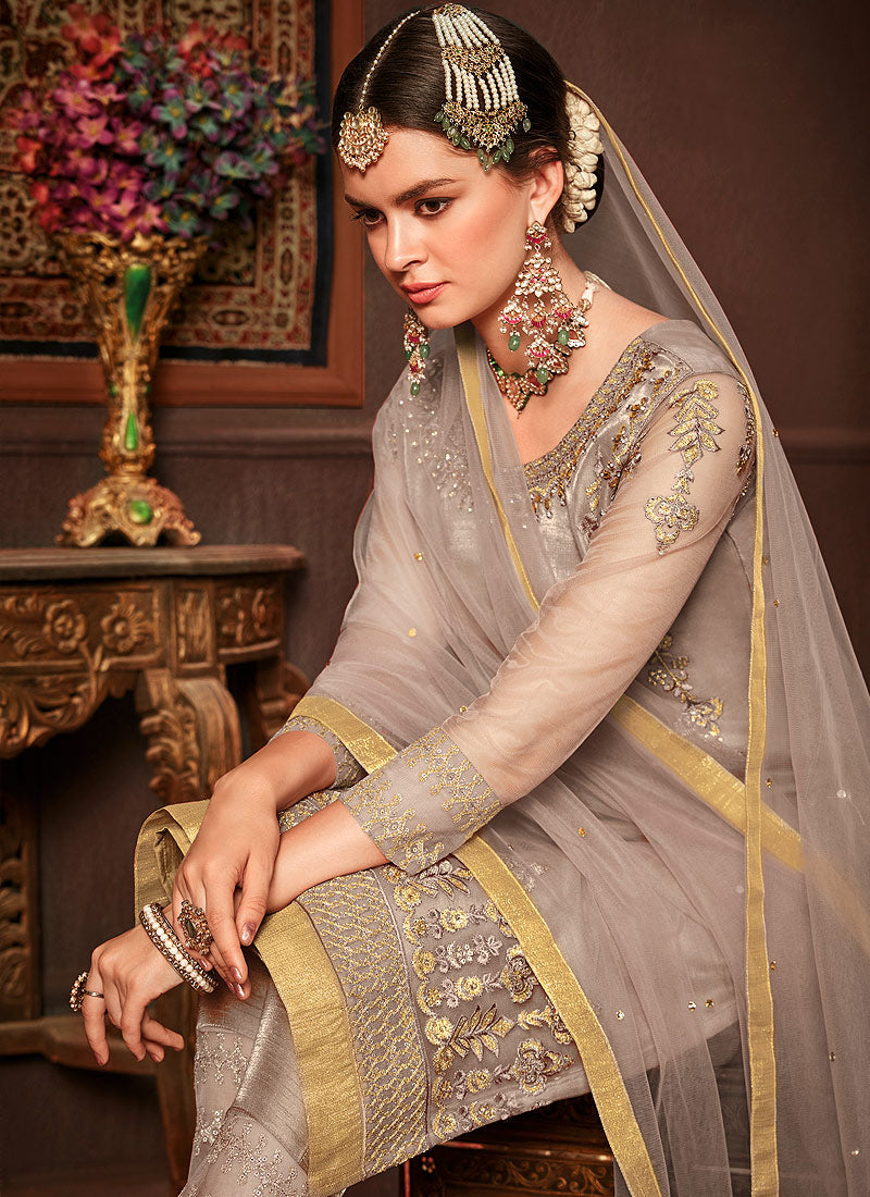 Grey Embroidered Pakistani Pants Suit, Salwar Kameez