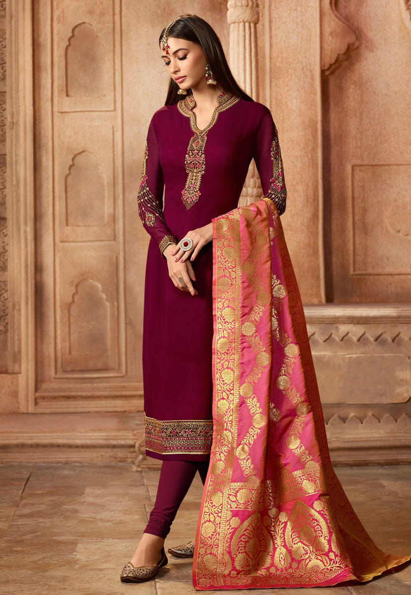 Maroon Contrasting Embroidered Satin Churidar Suit Hatkay