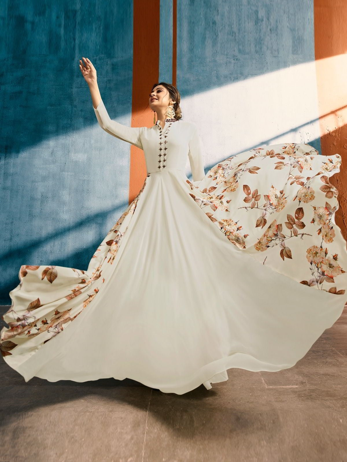 Cream Crush With Printed Hints Kalidar Plaited Style Embroidered Anarkali Style Kurti