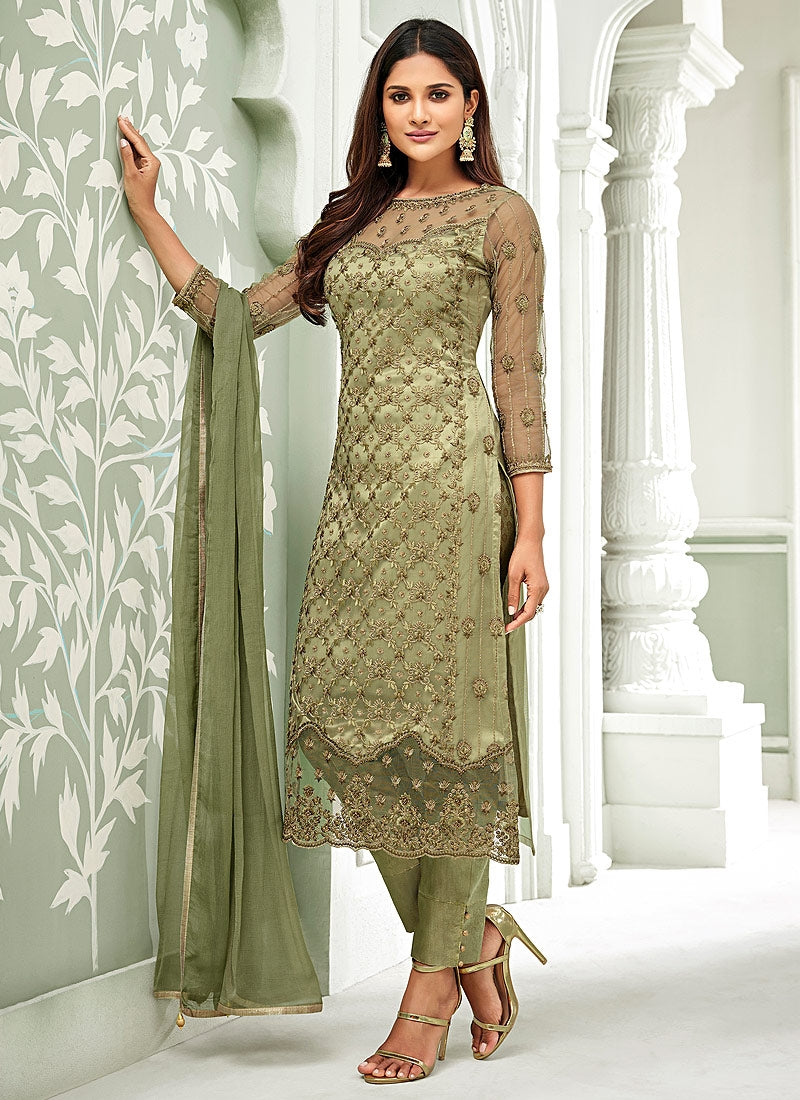 Olive Green Pakistani Embroidered Pant Suit Olive Green Pakistani Embroidered Pant Suit