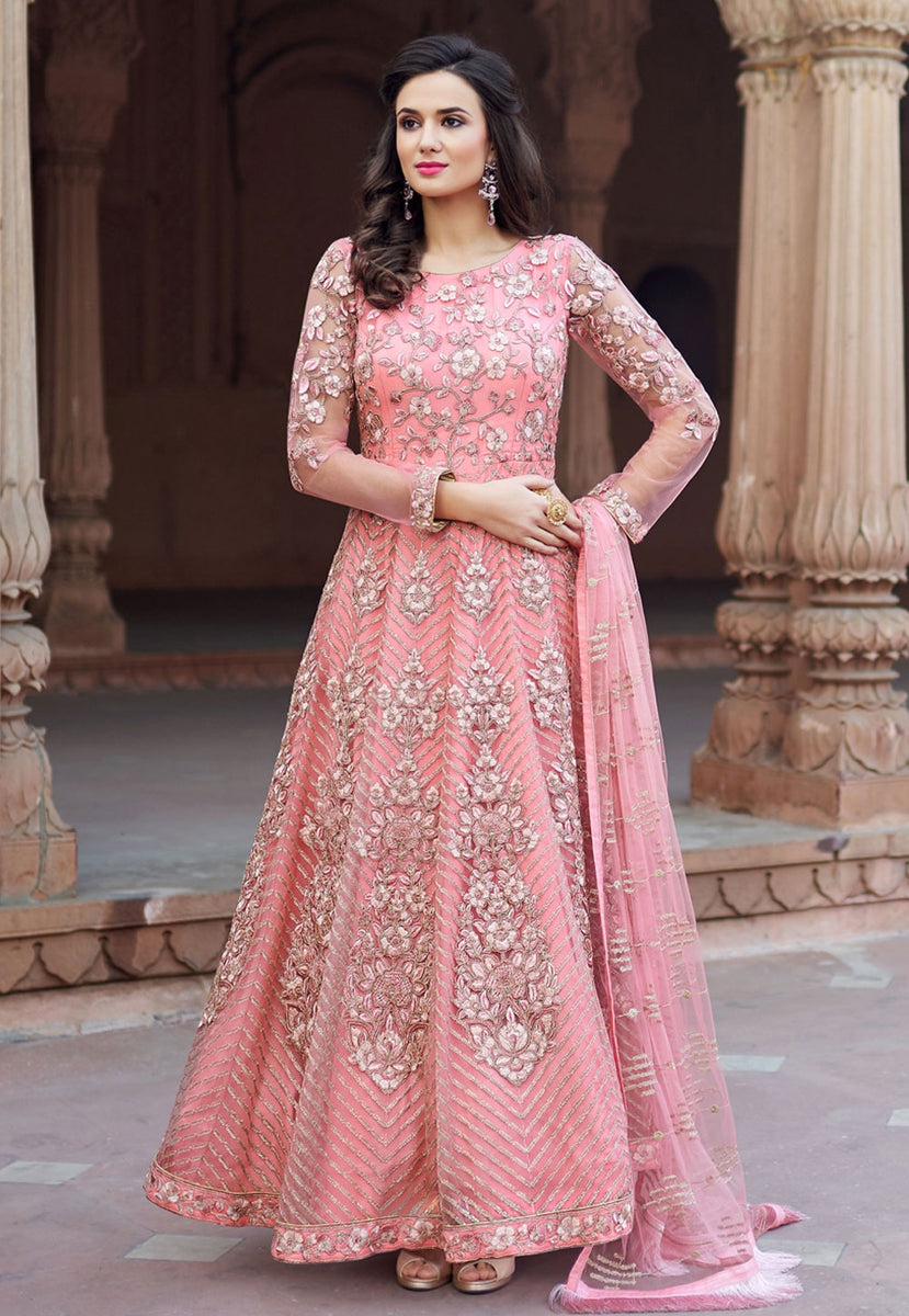 Pink Multi Embroidered Net Anarkali Suit Hatkay