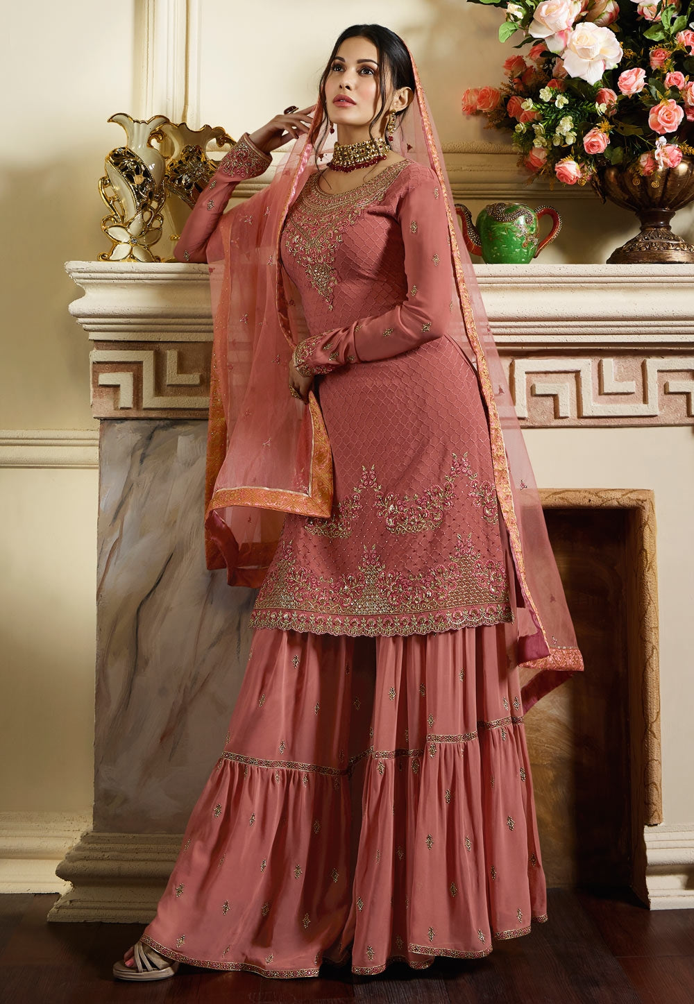 Pink Overall Traditional Embroidered Gharara Suit