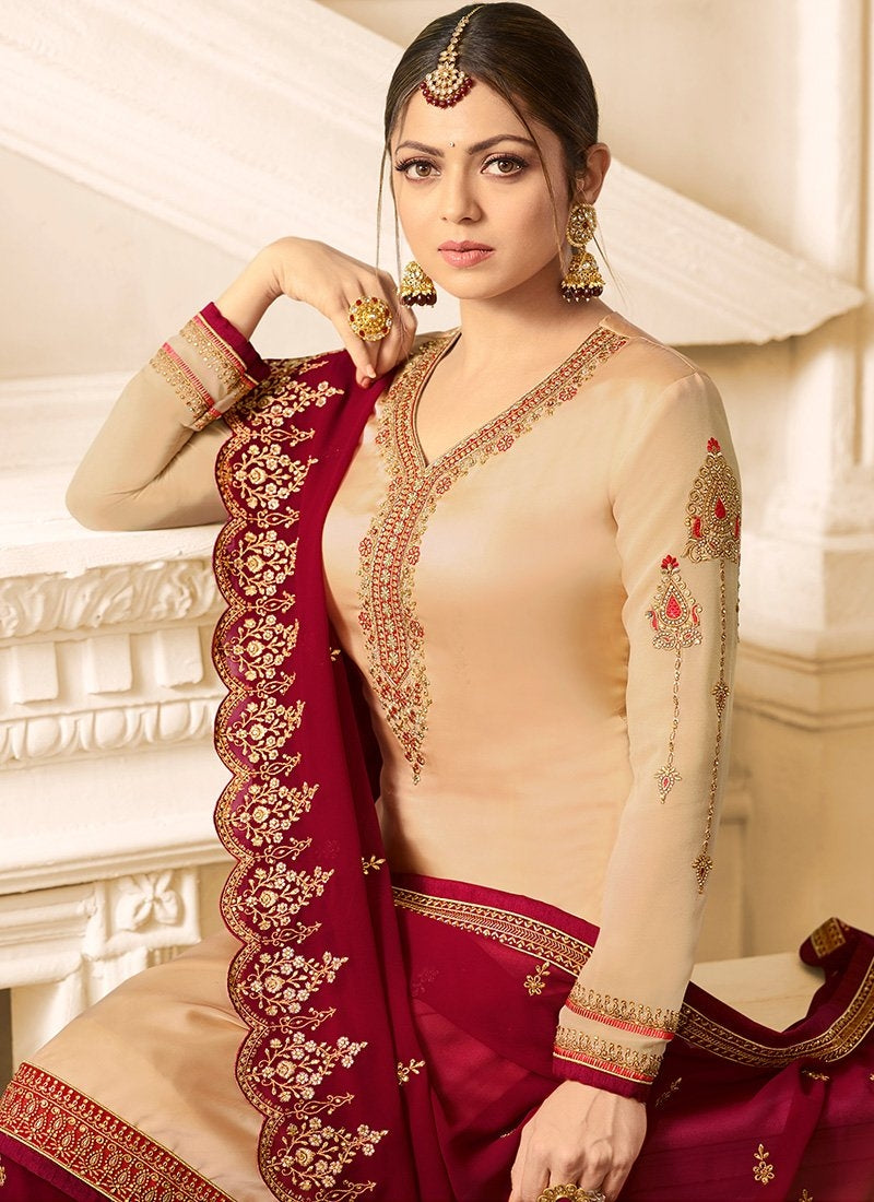 Red And Cream Embroidered Designer Gharara Palazzo Suit