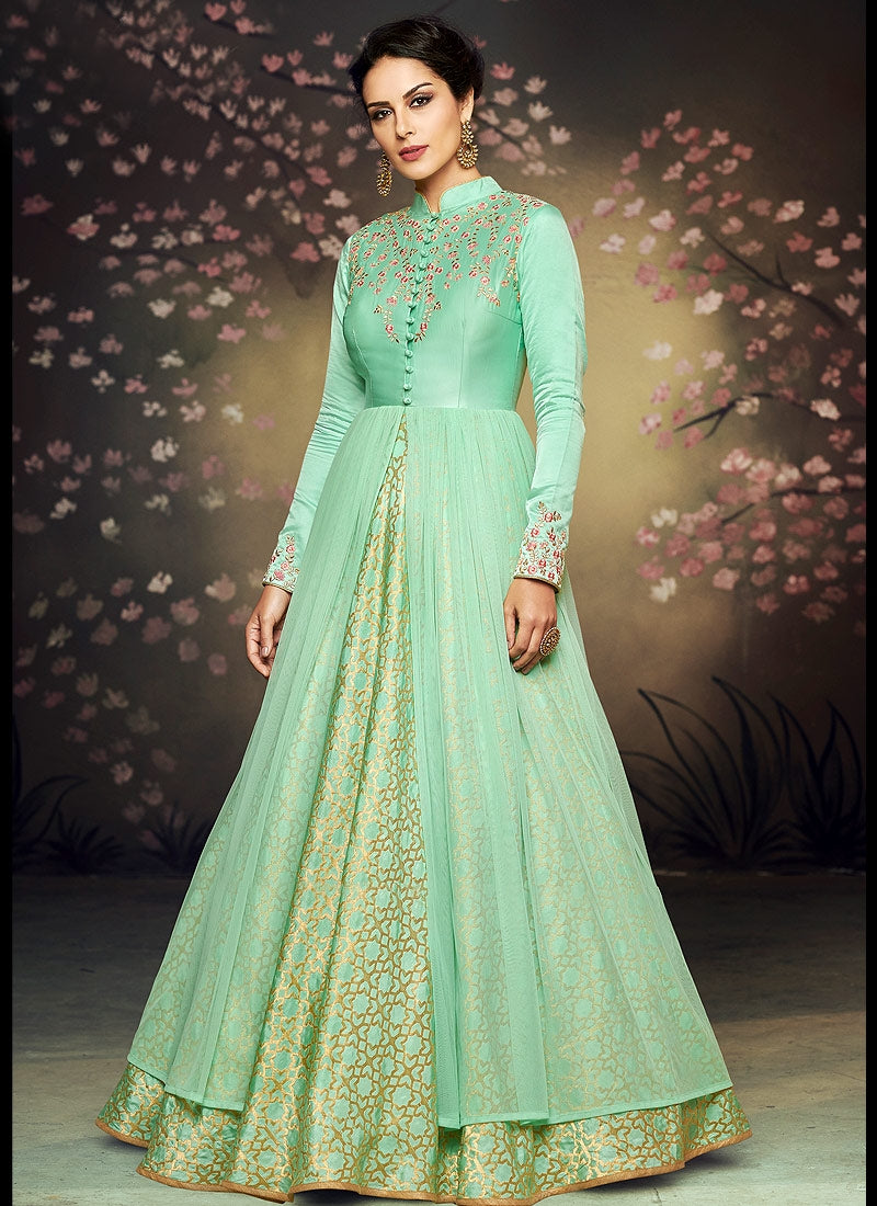 Sea Green Double Layered Embroidered Anarkali Suit