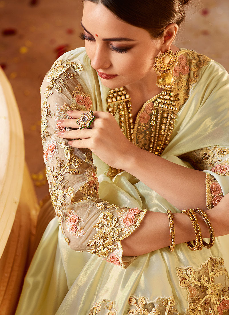 Lemon Yellow Embroidered Designer Silk Saree