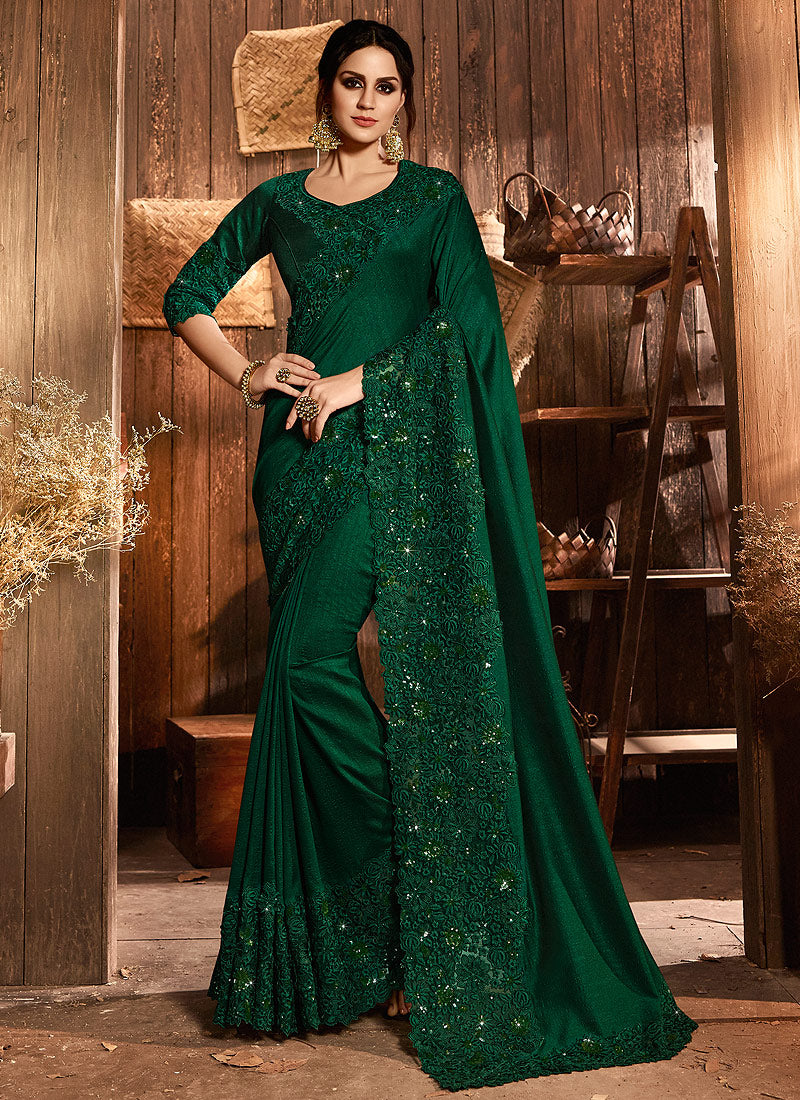 Deep Green With Multi Embroidered Pallu Traditional Saree