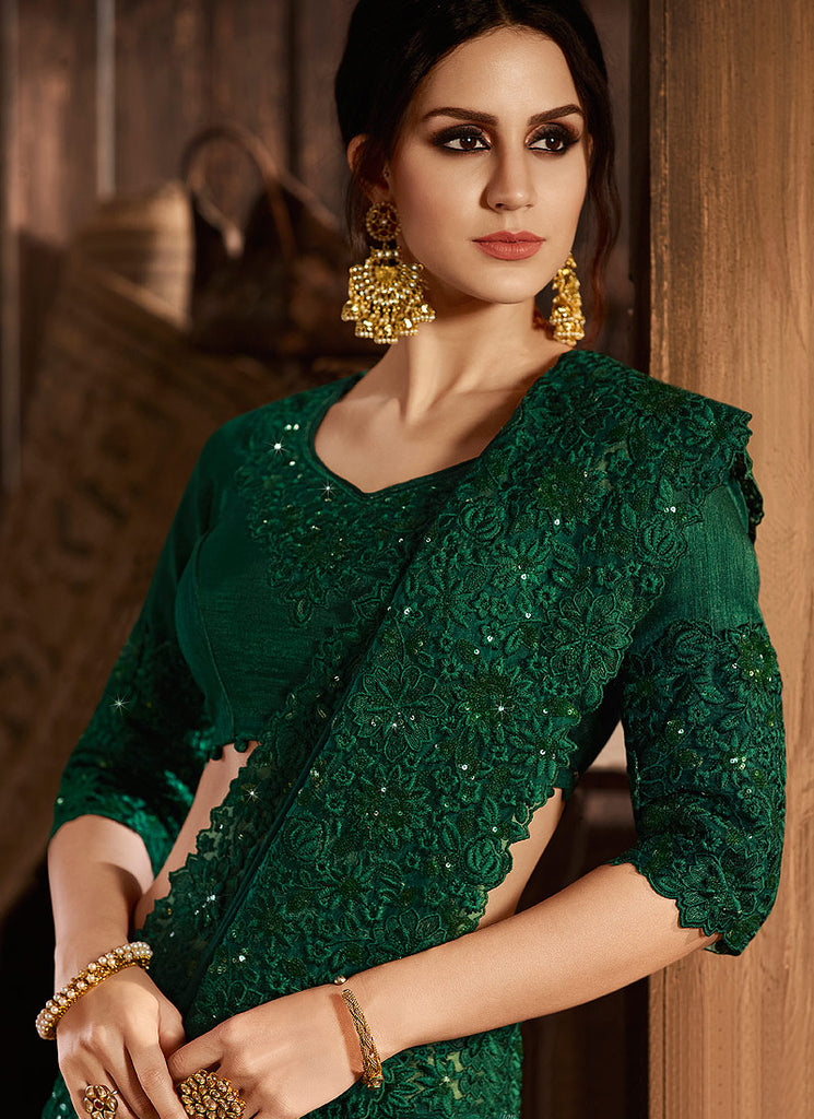 Deep Green With Multi Embroidered Pallu Traditional Saree