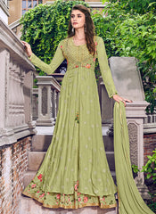 Indian Clothes - Green Multi Embroidered Jacket Style Anarkali Suit Set