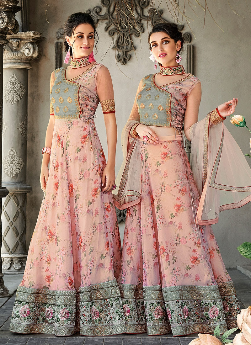 Teal And Pink Floral Embroidered Lehenga Choli Suit