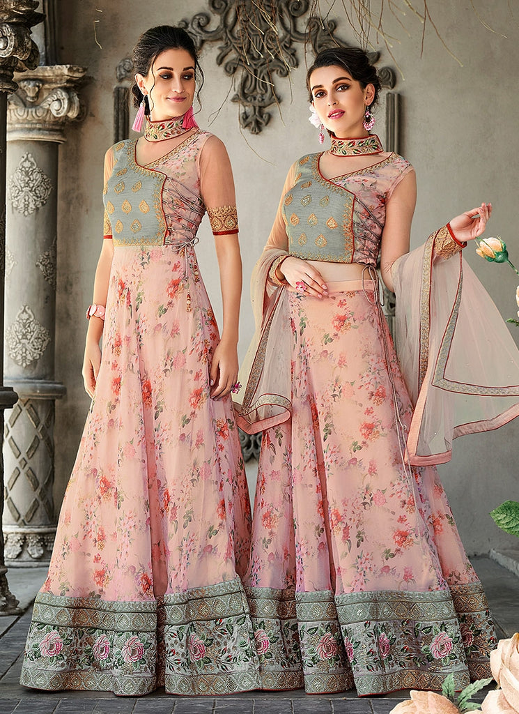 Teal And Pink Floral Embroidered Lehenga Choli Suit