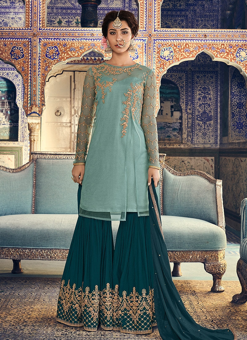 Turquoise Two Tone Embellished Gharara Suit