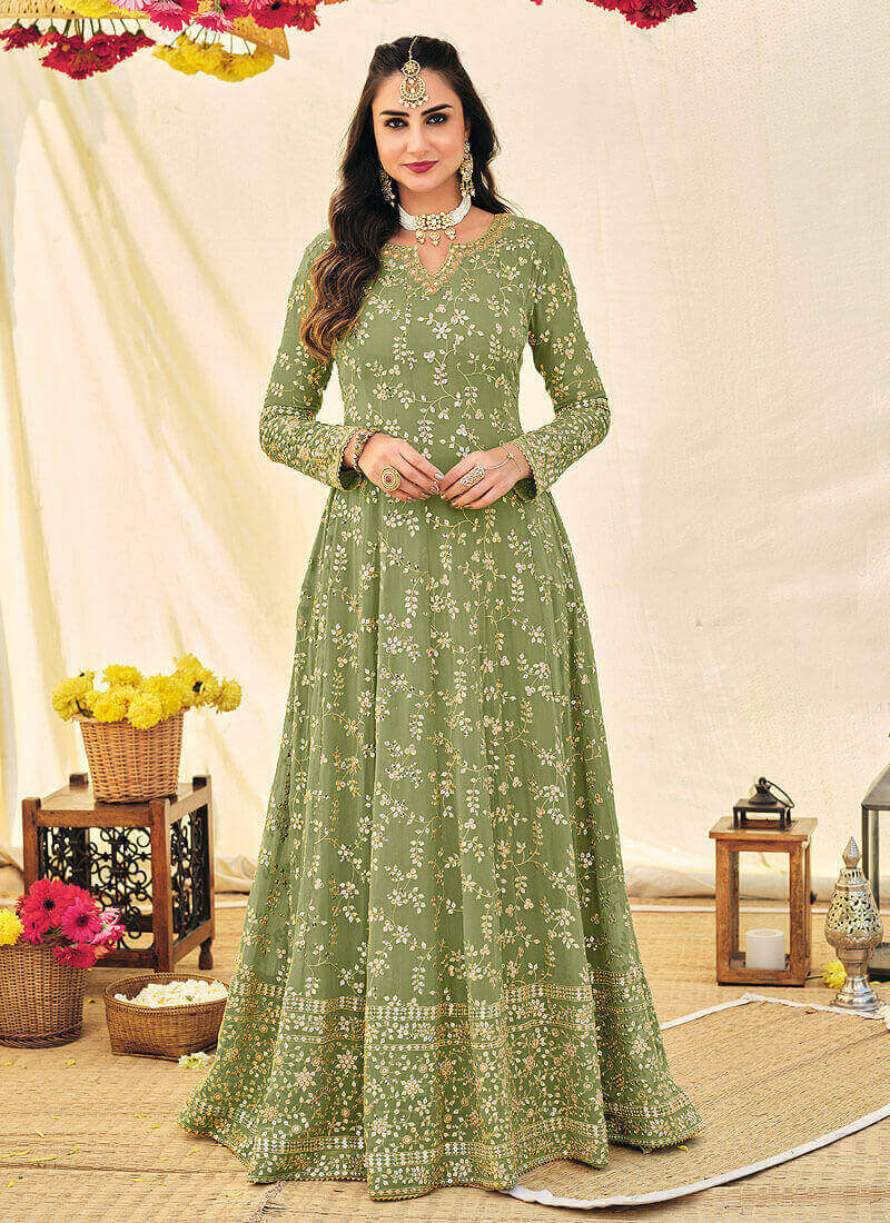 Buy Wedding Wear Green Embroidery Work Georgette Anarkali Suit Online From  Surat Wholesale Shop.
