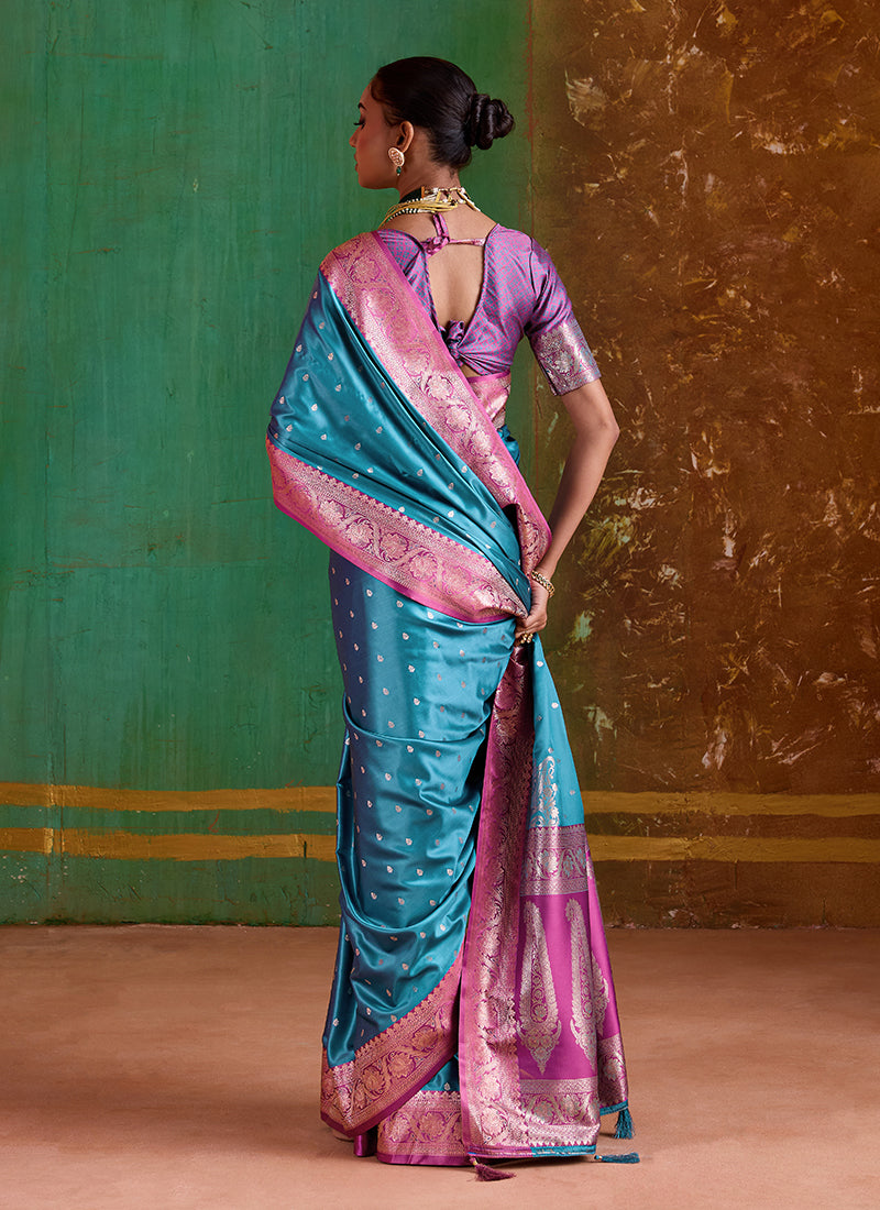 Teal and Pink Handwoven Silk Saree