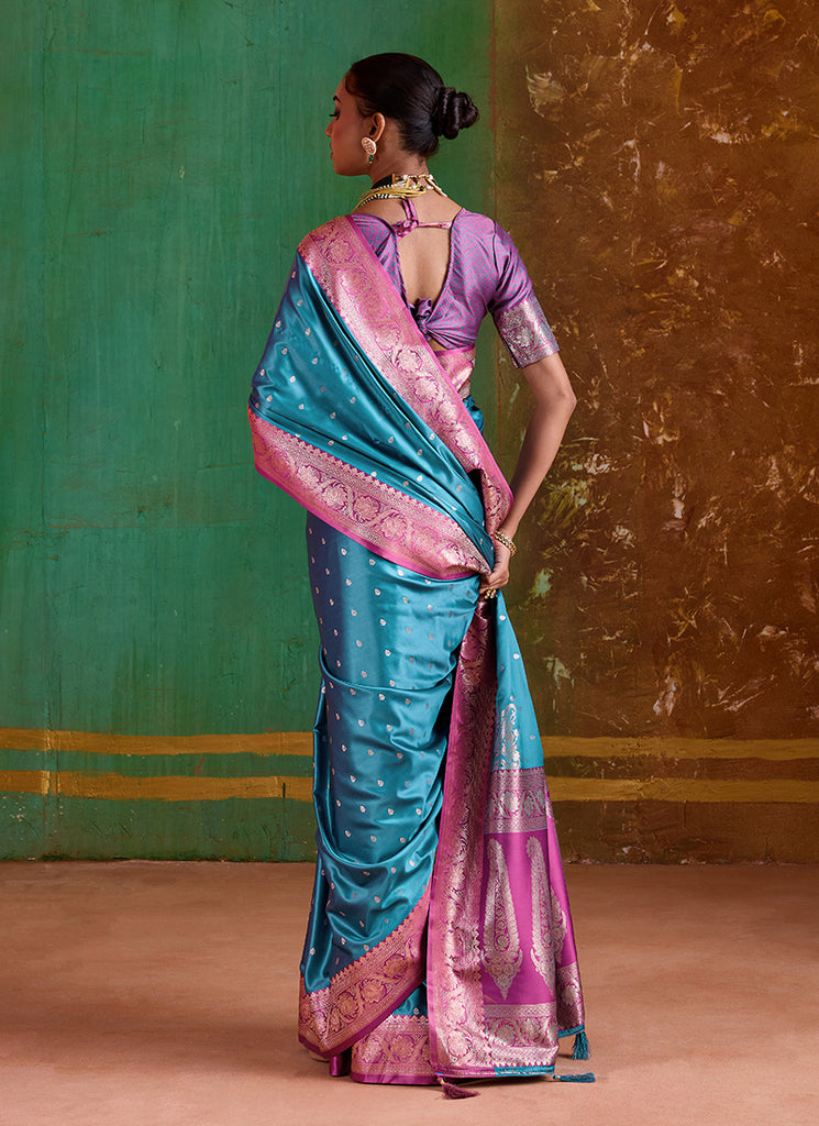 Teal and Pink Handwoven Silk Saree