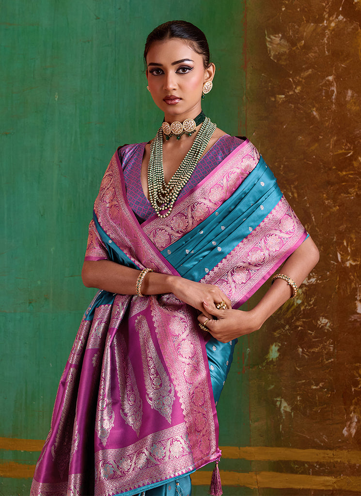 Teal and Pink Handwoven Silk Saree