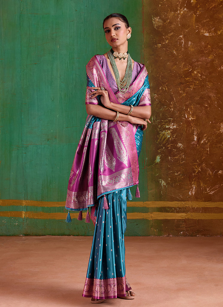 Teal and Pink Handwoven Silk Saree