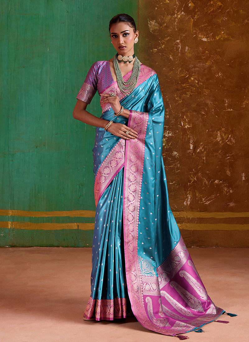 Teal and Pink Handwoven Silk Saree