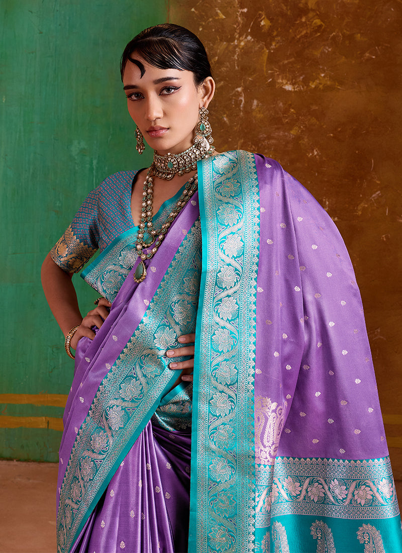 Purple and Green Handwoven Silk Saree