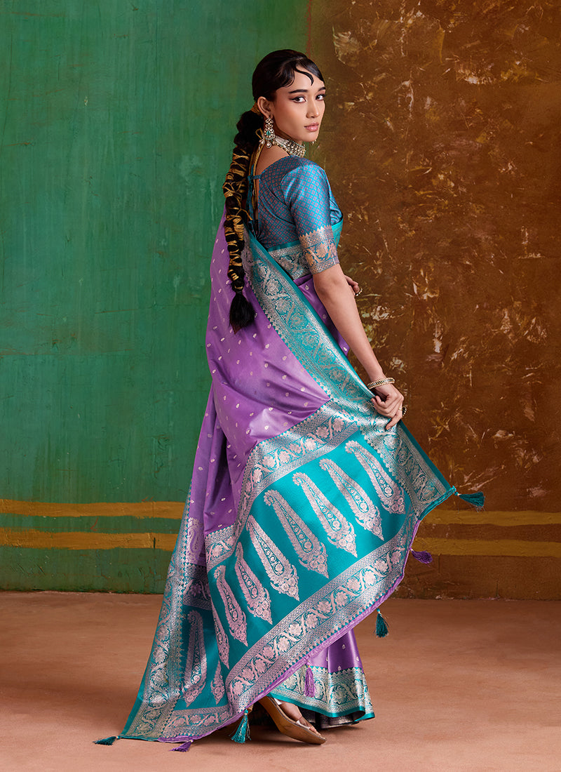 Purple and Green Handwoven Silk Saree