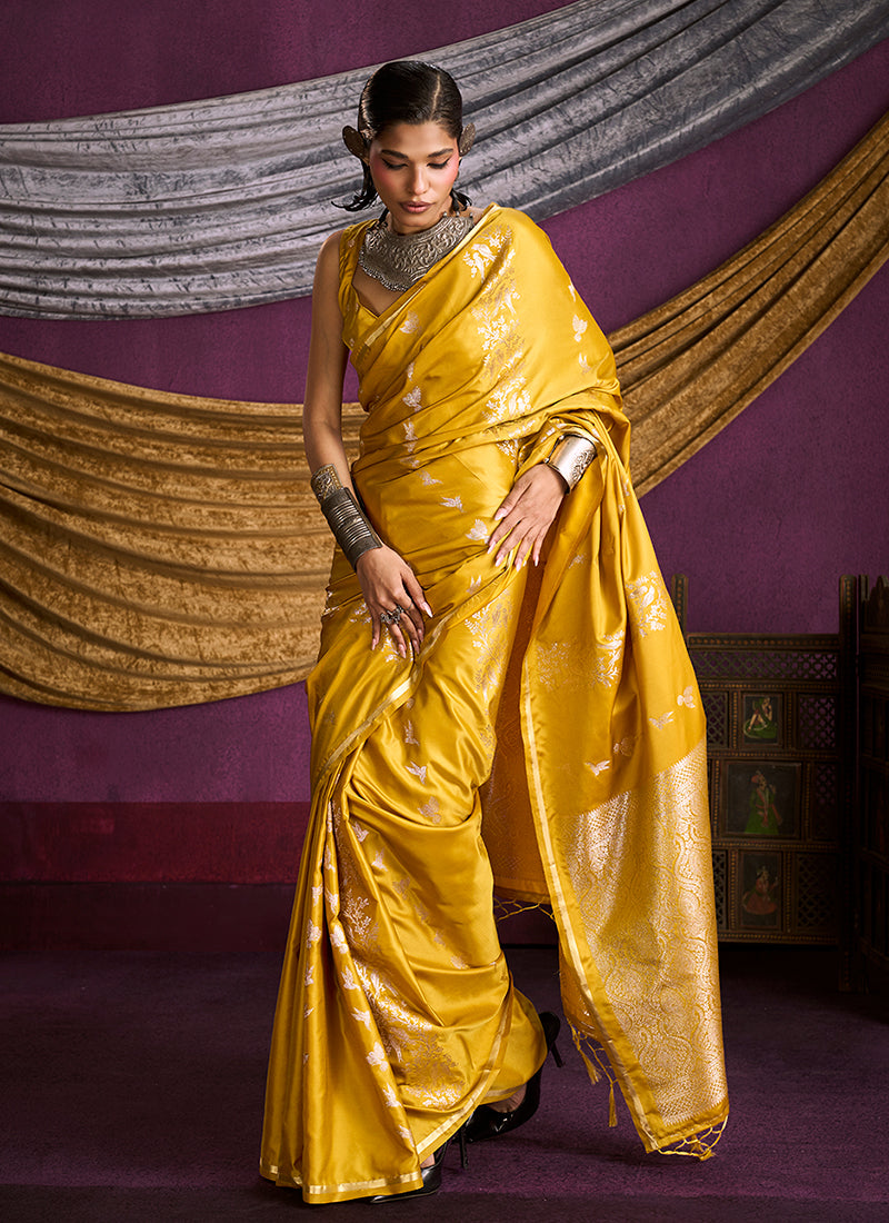 Yellow Golden Brocade Handloom Woven Silk Saree