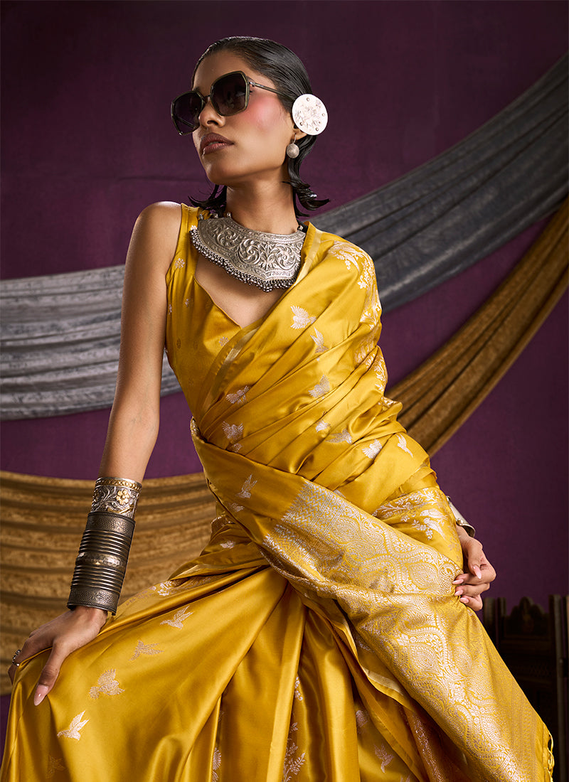 Yellow Golden Brocade Handloom Woven Silk Saree