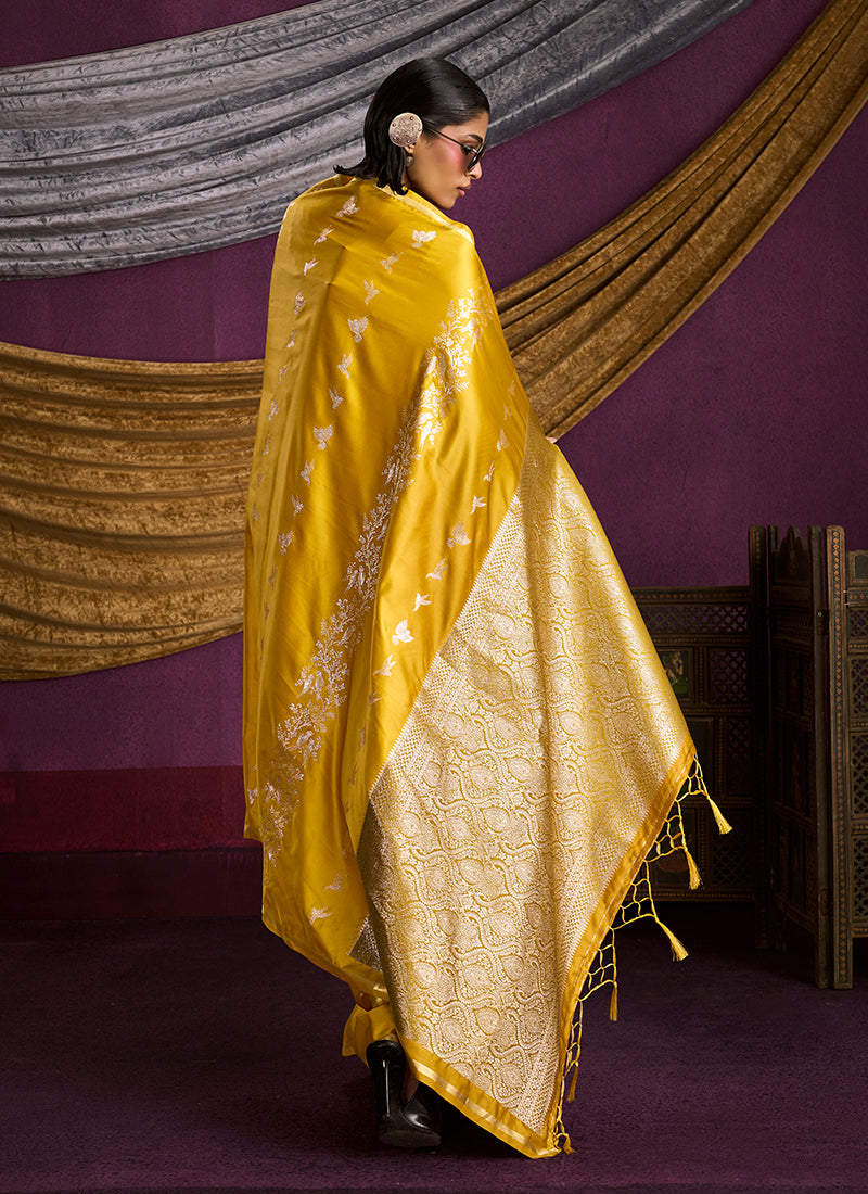 Yellow Golden Brocade Handloom Woven Silk Saree
