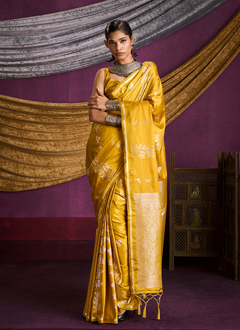 Yellow Golden Brocade Handloom Woven Silk Saree