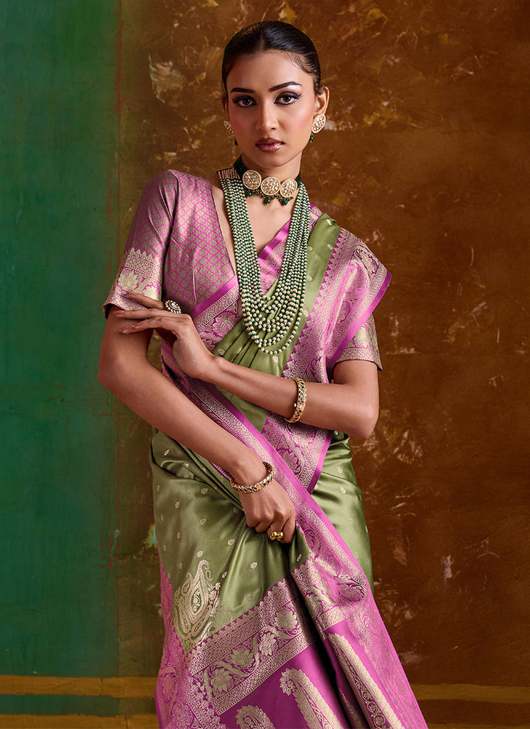 Green and Magenta Handwoven Silk Saree