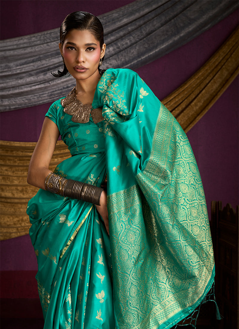 Emerald Green Brocade Handloom Woven Silk Saree