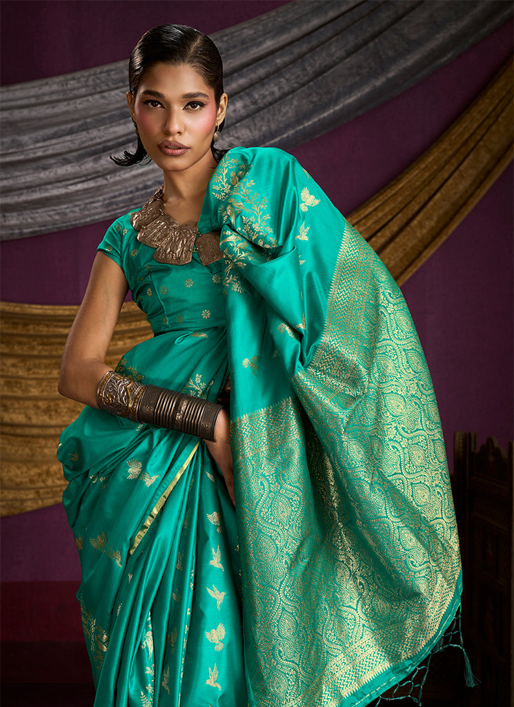 Emerald Green Brocade Handloom Woven Silk Saree