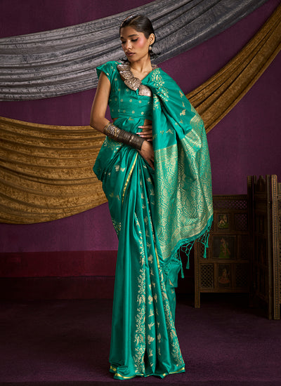 Emerald Green Brocade Handloom Woven Silk Saree