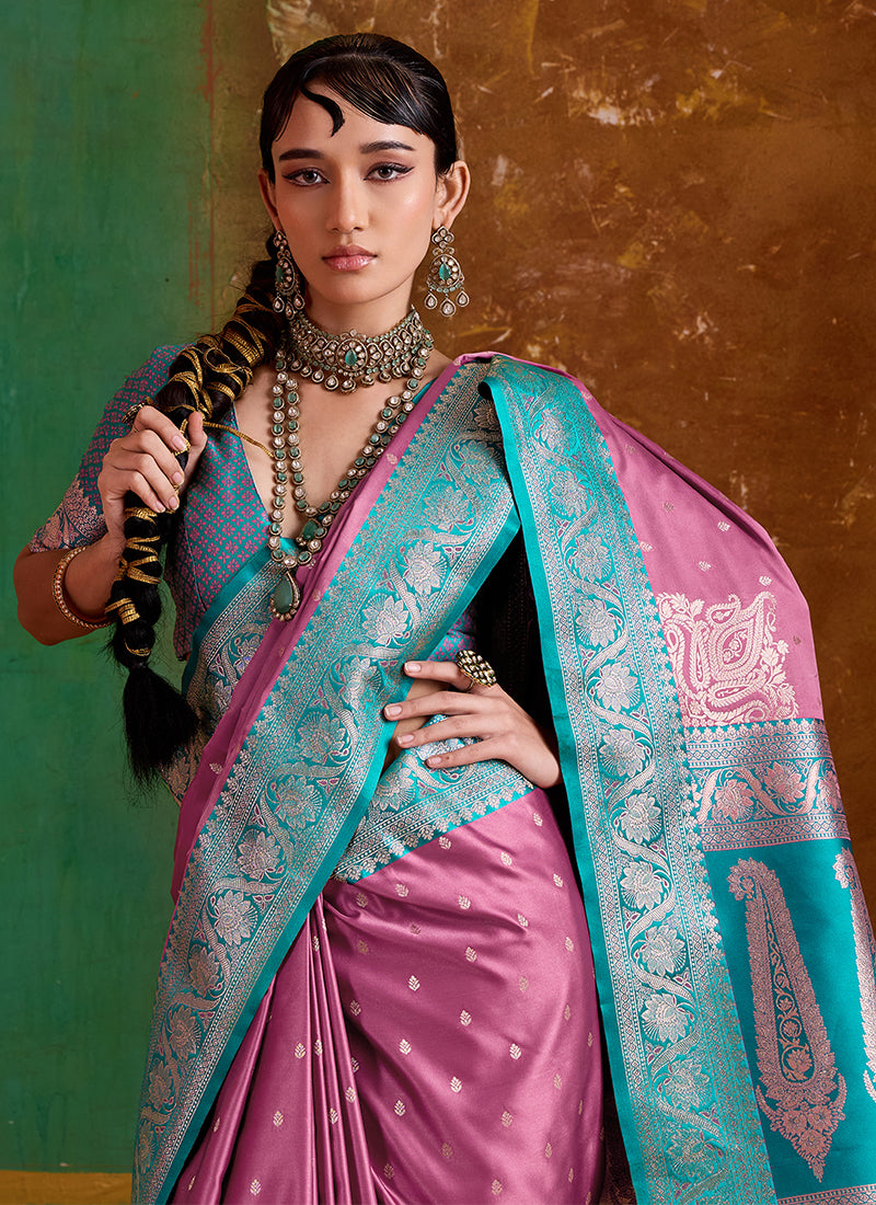 Pink and Teal Handwoven Silk Saree