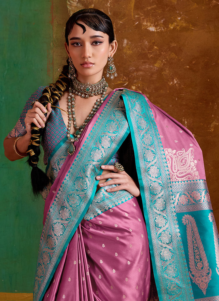 Pink and Teal Handwoven Silk Saree