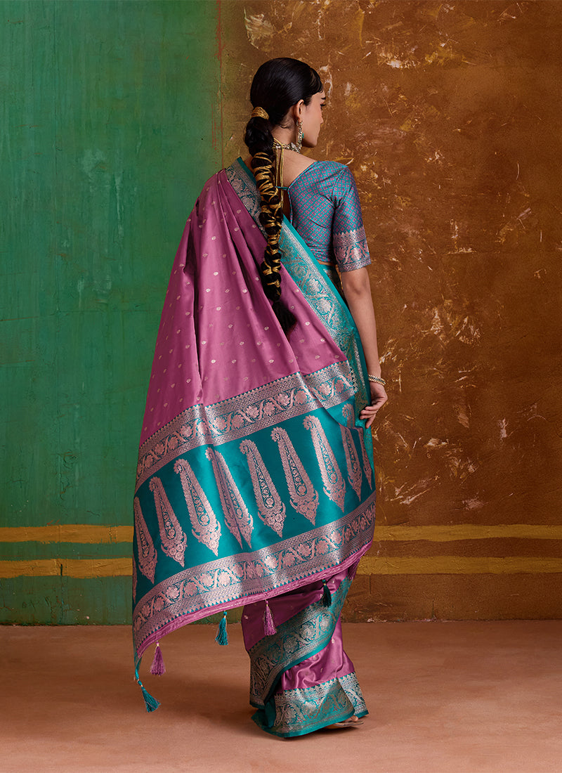 Pink and Teal Handwoven Silk Saree
