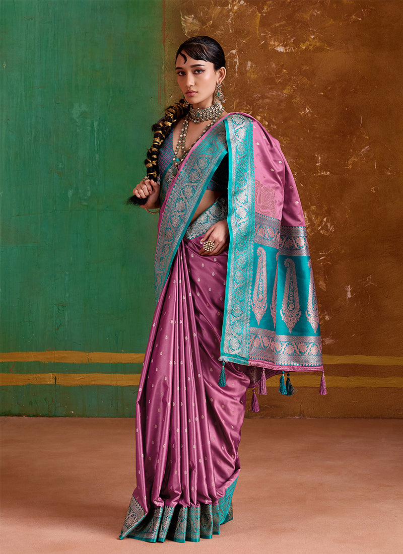 Pink and Teal Handwoven Silk Saree
