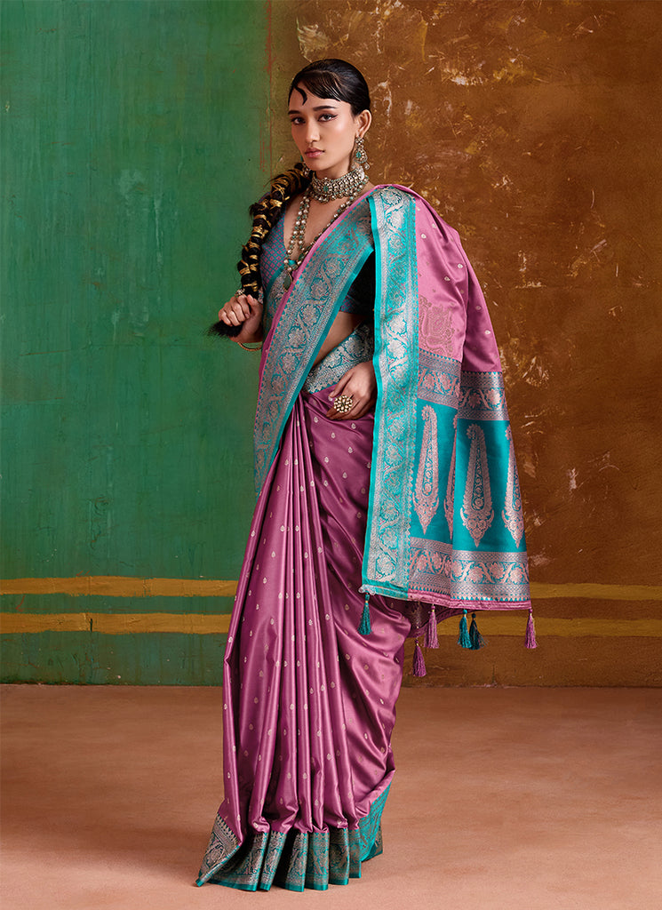 Pink and Teal Handwoven Silk Saree
