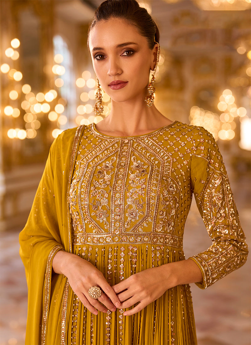 Shop Mustard Gold Anarkali Suit Online In USA