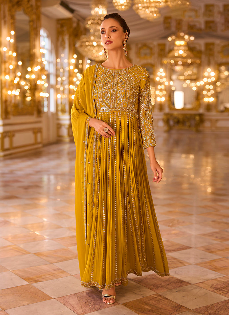 Mustard Gold Embroidered Anarkali Suit
